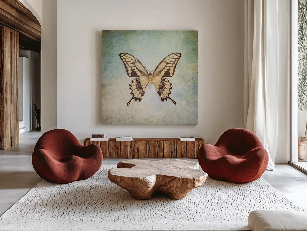French Butterfly VI by Debra Van Swearingen. Shown as extra-large giant wall art in a modern living room. Available as an archival giclee rolled canvas, fine art paper, or poster print. SKU 25774a.