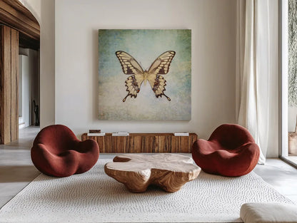 French Butterfly VI by Debra Van Swearingen. Shown as extra-large giant wall art in a modern living room. Available as an archival giclee rolled canvas, fine art paper, or poster print. SKU 25774a.