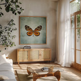 French Butterfly VIII by Debra Van Swearingen. Shown in a natural wood frame in a cozy modern living room. Available as an archival giclee rolled canvas, fine art paper, or poster print. SKU 25776a.