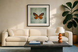 French Butterfly VIII by Debra Van Swearingen. Displayed in a glass frame with matte in a clean modern living room. Available as an archival giclee rolled canvas, fine art paper, or poster print. SKU 25776a.