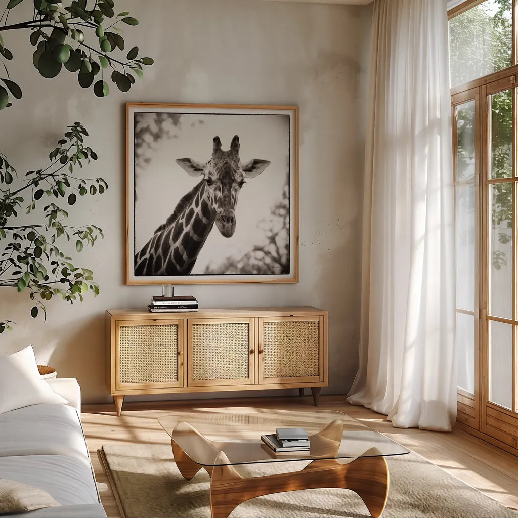 Giraffe I by Debra Van Swearingen. Shown in a natural wood frame in a cozy modern living room. Available as an archival giclee rolled canvas, fine art paper, or poster print. SKU 17949a.
