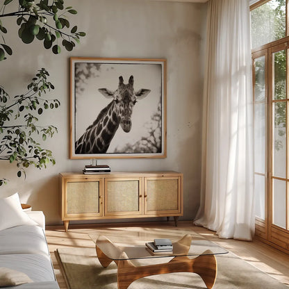 Giraffe I by Debra Van Swearingen. Shown in a natural wood frame in a cozy modern living room. Available as an archival giclee rolled canvas, fine art paper, or poster print. SKU 17949a.