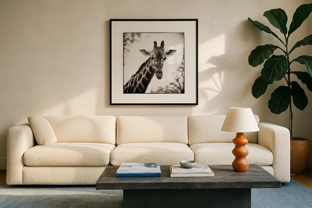 Giraffe I by Debra Van Swearingen. Displayed in a glass frame with matte in a clean modern living room. Available as an archival giclee rolled canvas, fine art paper, or poster print. SKU 17949a.