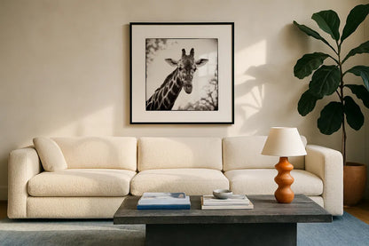 Giraffe I by Debra Van Swearingen. Displayed in a glass frame with matte in a clean modern living room. Available as an archival giclee rolled canvas, fine art paper, or poster print. SKU 17949a.
