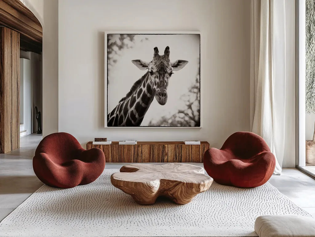 Giraffe I by Debra Van Swearingen. Shown as extra-large giant wall art in a modern living room. Available as an archival giclee rolled canvas, fine art paper, or poster print. SKU 17949a.