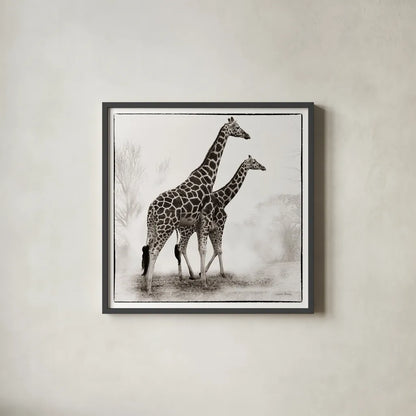 Giraffe II by Debra Van Swearingen. Shown in a sleek black glass frame for a contemporary gallery look. Available as an archival giclee rolled canvas, fine art paper, or poster print. SKU 17950a.