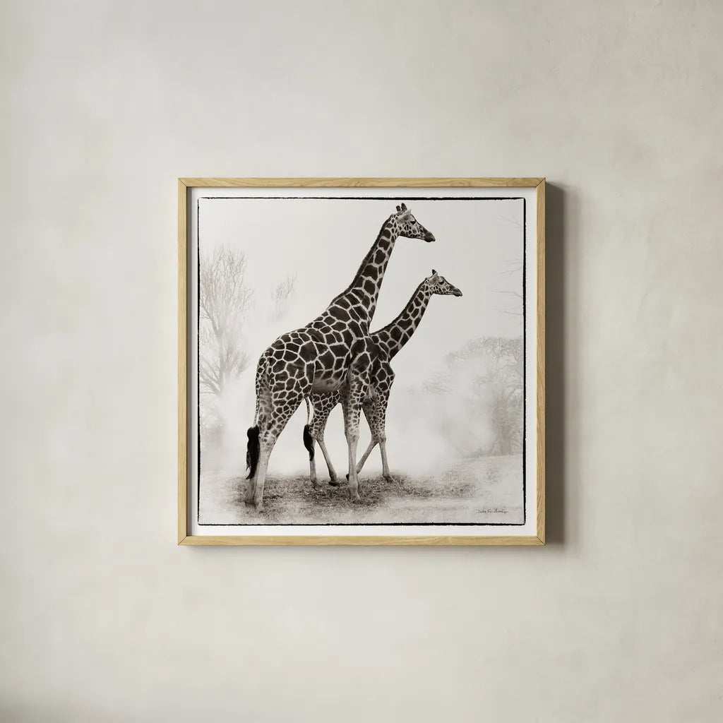 Giraffe II by Debra Van Swearingen. Shown in a natural wood glass frame for a timeless modern aesthetic. Available as an archival giclee rolled canvas, fine art paper, or poster print. SKU 17950a.