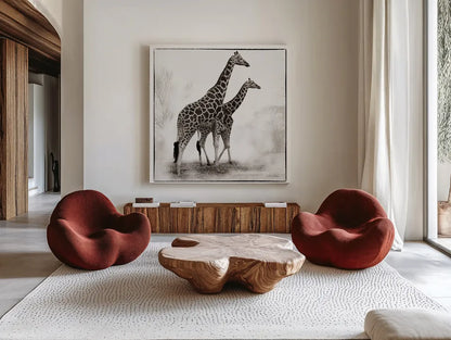 Giraffe II by Debra Van Swearingen. Shown as extra-large giant wall art in a modern living room. Available as an archival giclee rolled canvas, fine art paper, or poster print. SKU 17950a.