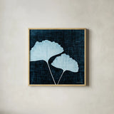 Leaves on Linen I by Debra Van Swearingen. Shown in a natural wood glass frame for a timeless modern aesthetic. Available as an archival giclee rolled canvas, fine art paper, or poster print. SKU 19426a.