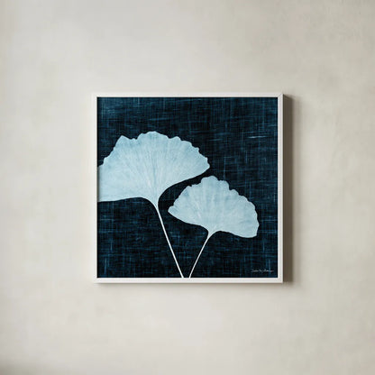Leaves on Linen I by Debra Van Swearingen. Shown in a crisp white glass frame for a clean and minimalist style. Available as an archival giclee rolled canvas, fine art paper, or poster print. SKU 19426a.