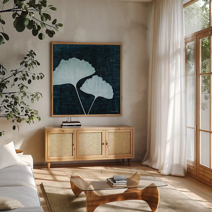 Leaves on Linen I by Debra Van Swearingen. Shown in a natural wood frame in a cozy modern living room. Available as an archival giclee rolled canvas, fine art paper, or poster print. SKU 19426a.