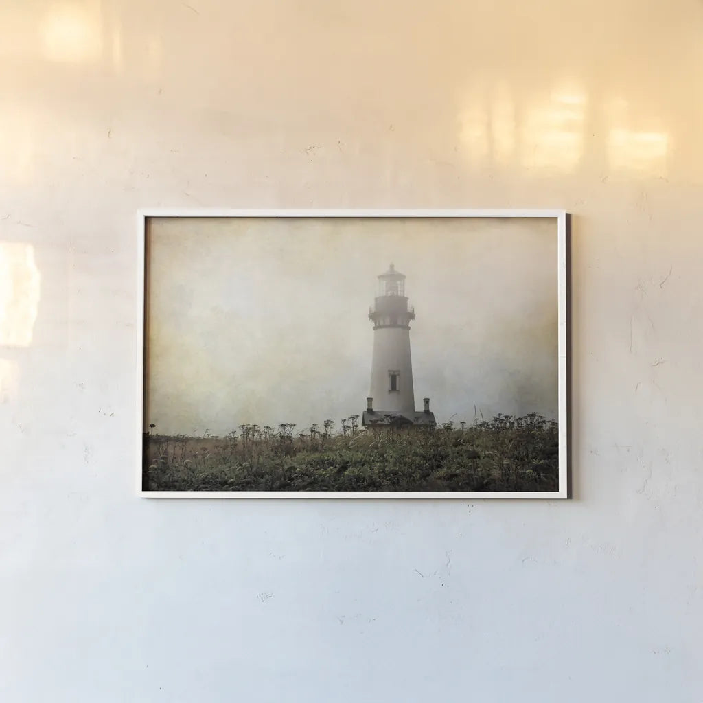 Lonely Lighthouse II by Debra Van Swearingen. shown as a paper print in a white frame. Available as a archival giclee rolled canvas, fine art paper, or poster print. SKU 47844i.