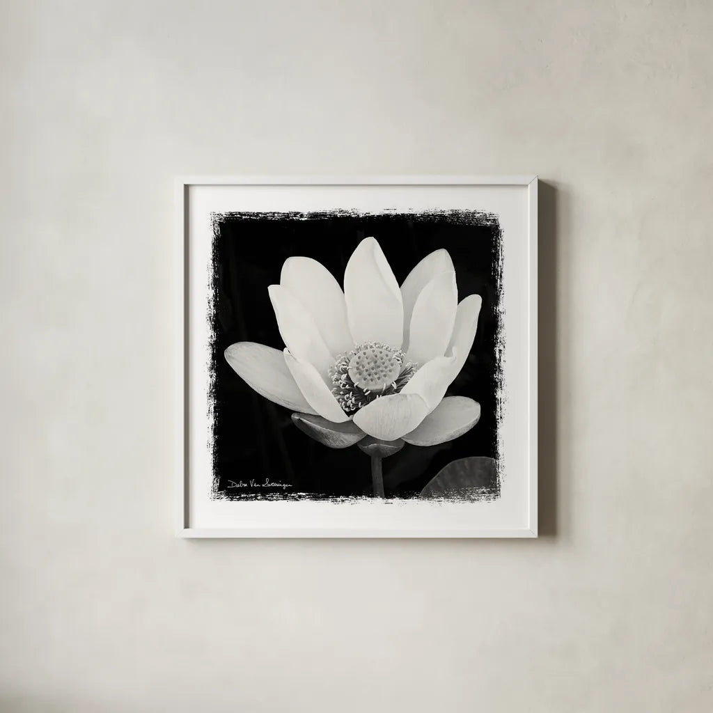 Lotus Flower I by Debra Van Swearingen. Shown in a crisp white glass frame for a clean and minimalist style. Available as an archival giclee rolled canvas, fine art paper, or poster print. SKU 11703a.