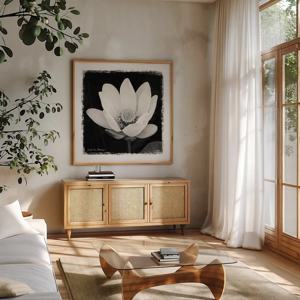 Lotus Flower I by Debra Van Swearingen. Shown in a natural wood frame in a cozy modern living room. Available as an archival giclee rolled canvas, fine art paper, or poster print. SKU 11703a.