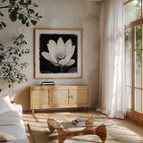 Lotus Flower I by Debra Van Swearingen. Shown in a natural wood frame in a cozy modern living room. Available as an archival giclee rolled canvas, fine art paper, or poster print. SKU 11703a.