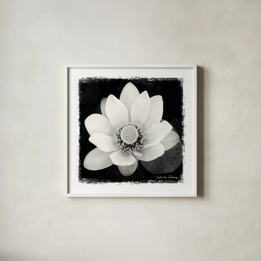 Lotus Flower II by Debra Van Swearingen. Shown in a crisp white glass frame for a clean and minimalist style. Available as an archival giclee rolled canvas, fine art paper, or poster print. SKU 11704a.