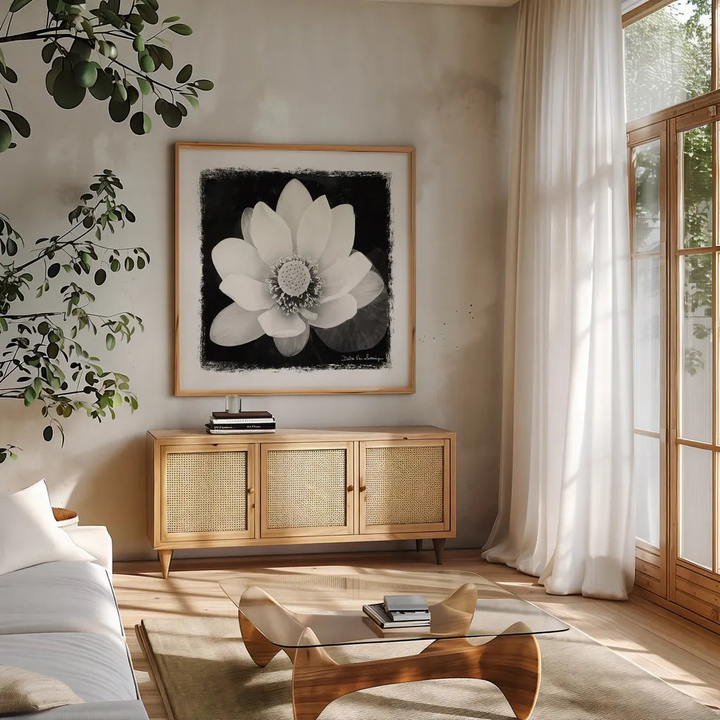 Lotus Flower II by Debra Van Swearingen. Shown in a natural wood frame in a cozy modern living room. Available as an archival giclee rolled canvas, fine art paper, or poster print. SKU 11704a.