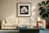 Lotus Flower II by Debra Van Swearingen. Displayed in a glass frame with matte in a clean modern living room. Available as an archival giclee rolled canvas, fine art paper, or poster print. SKU 11704a.