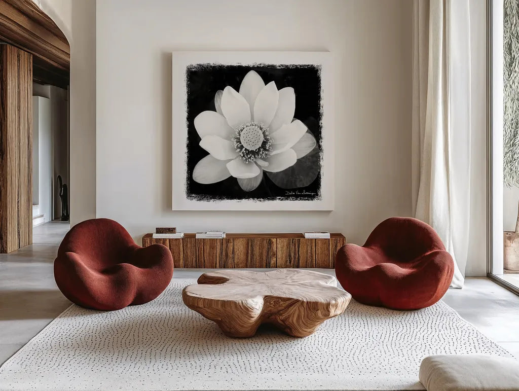 Lotus Flower II by Debra Van Swearingen. Shown as extra-large giant wall art in a modern living room. Available as an archival giclee rolled canvas, fine art paper, or poster print. SKU 11704a.