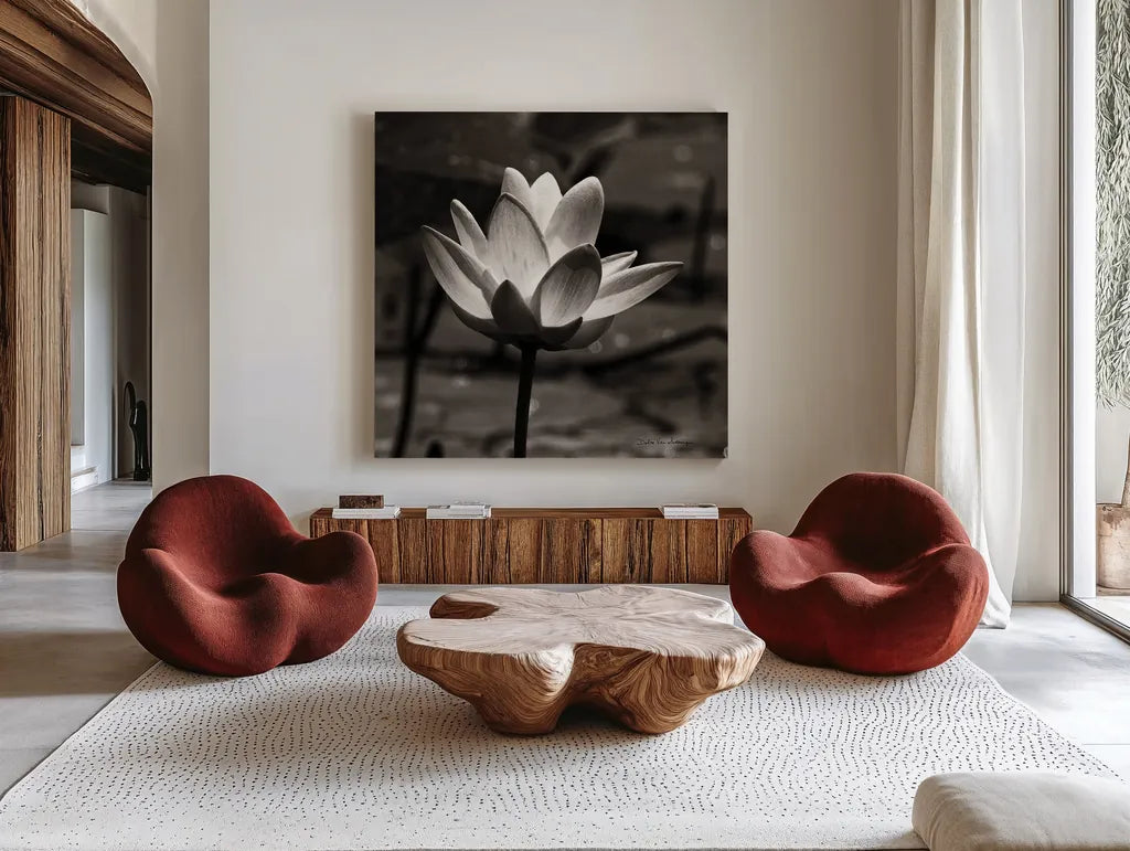 Lotus Flower VII Sq by Debra Van Swearingen. Shown as extra-large giant wall art in a modern living room. Available as an archival giclee rolled canvas, fine art paper, or poster print. SKU 11801a.
