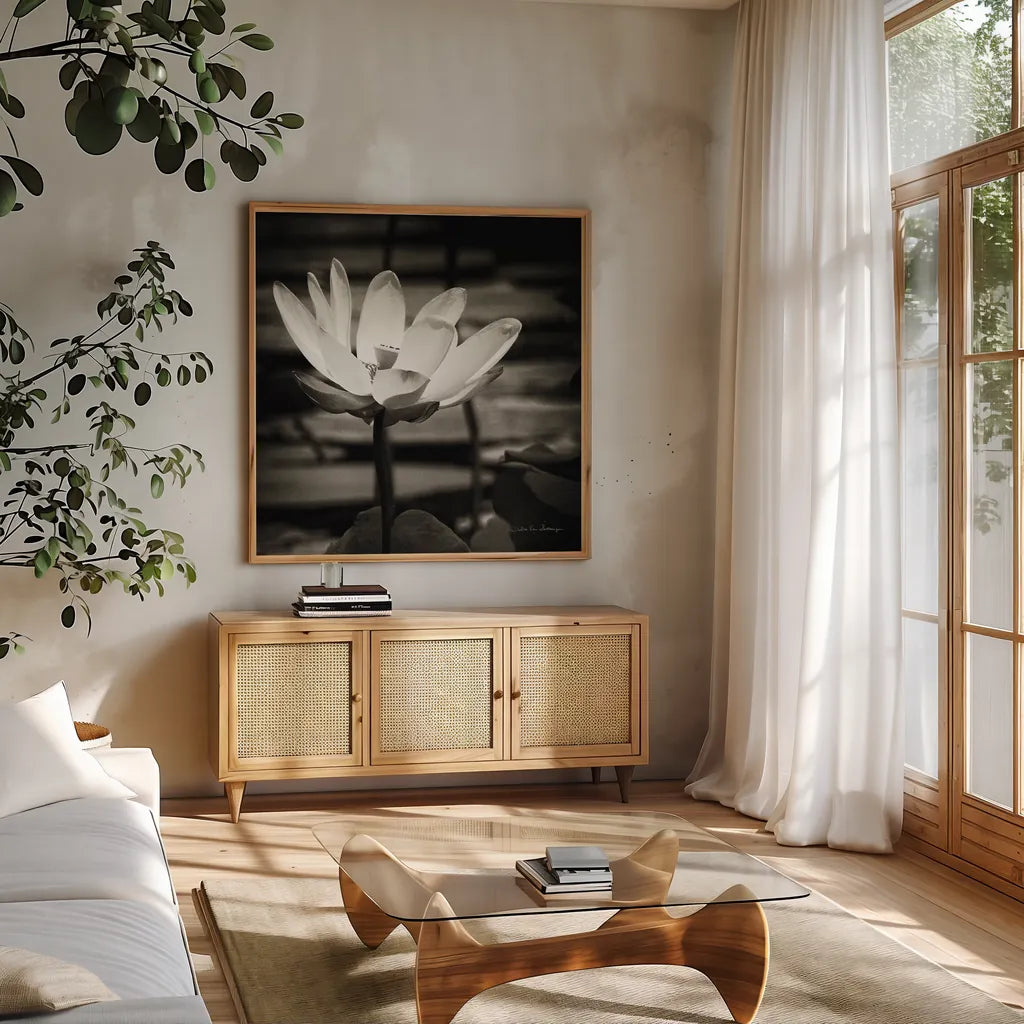 Lotus Flower VIII Sq by Debra Van Swearingen. Shown in a natural wood frame in a cozy modern living room. Available as an archival giclee rolled canvas, fine art paper, or poster print. SKU 11802a.