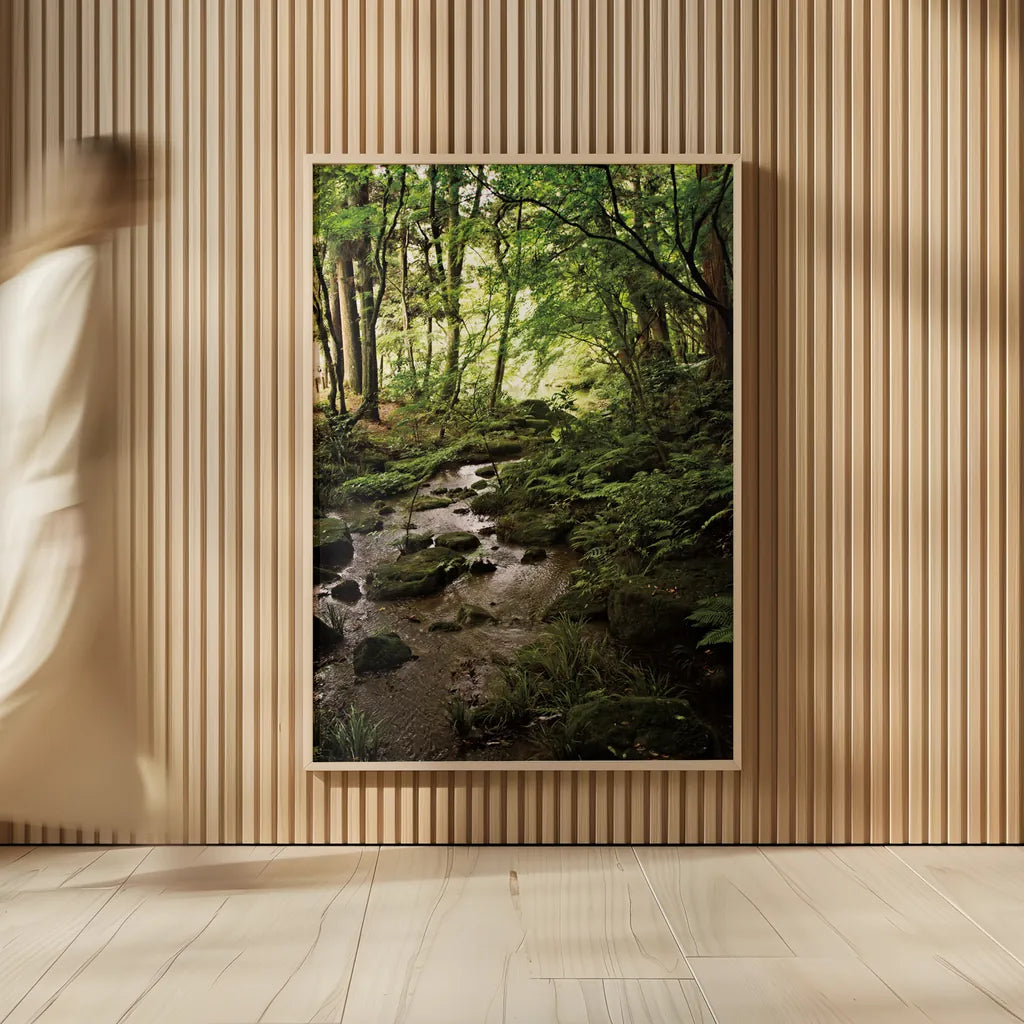 Lush Creek in Forest by Debra Van Swearingen. shown as over sized large wall art. Available as an archival giclee rolled canvas, fine art paper, or poster print. SKU 55152h.