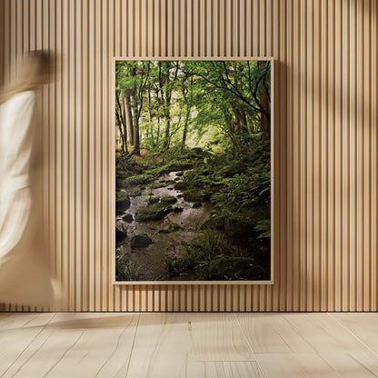 Lush Creek in Forest by Debra Van Swearingen. shown as over sized large wall art. Available as an archival giclee rolled canvas, fine art paper, or poster print. SKU 55152h.