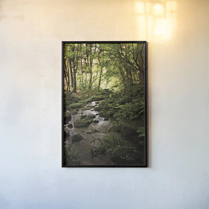 Lush Creek in Forest by Debra Van Swearingen. shown as a paper print in a black flame. Available as a archival giclee rolled canvas, fine art paper, or poster print. SKU 55152h.
