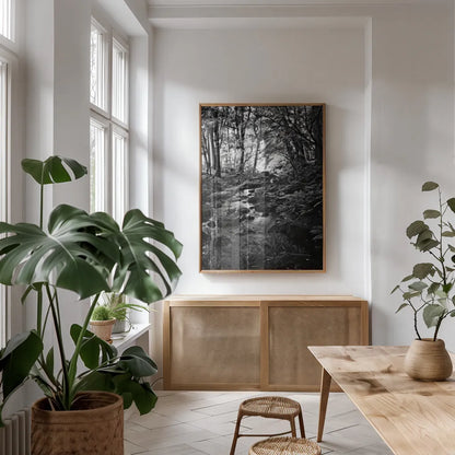 Lush Creek in Forest BW by Debra Van Swearingen. shown as a print in a natural wood frame in a dining room. Available as a archival giclee rolled canvas, fine art paper, or poster print. SKU 55153h.