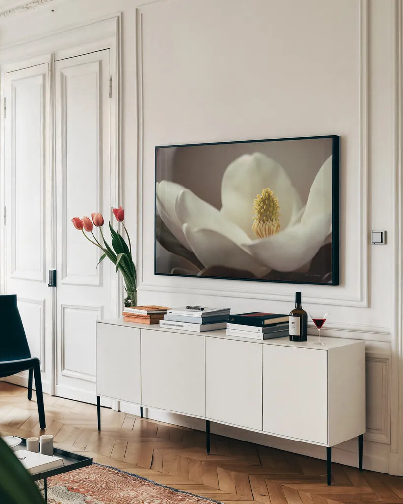 Magnolia Detail II by Debra Van Swearingen. shown as a framed stretched canvas in a living room above a console. Available as a archival giclee rolled canvas, fine art paper, or poster print. SKU 89240i.