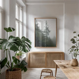 Majestic Pines I by Debra Van Swearingen. shown as a print in a natural wood frame in a dining room. Available as a archival giclee rolled canvas, fine art paper, or poster print. SKU 77358h.