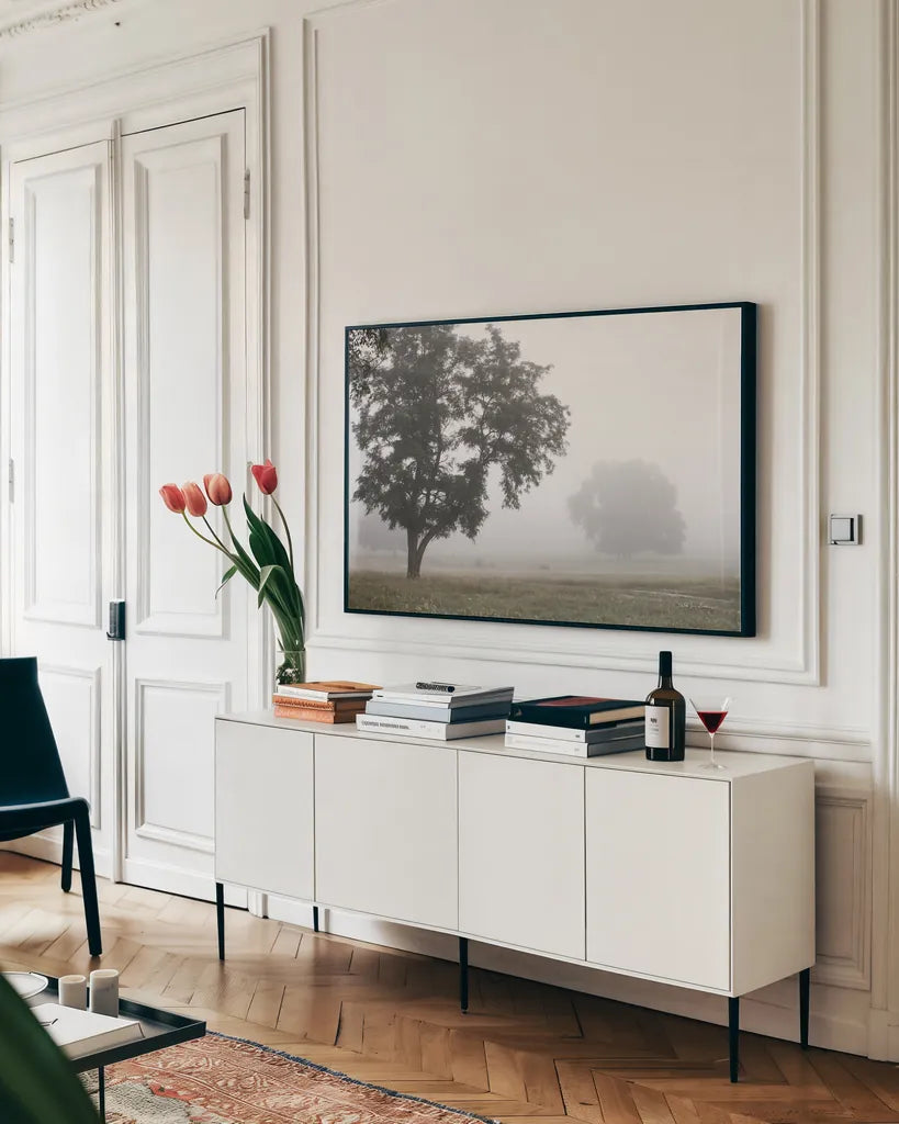 Morning Fog I by Debra Van Swearingen. shown as a framed stretched canvas in a living room above a console. Available as a archival giclee rolled canvas, fine art paper, or poster print. SKU 81263i.