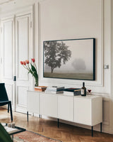 Morning Fog I by Debra Van Swearingen. shown as a framed stretched canvas in a living room above a console. Available as a archival giclee rolled canvas, fine art paper, or poster print. SKU 81263i.