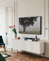 Morning Fog II by Debra Van Swearingen. shown as a framed stretched canvas in a living room above a console. Available as a archival giclee rolled canvas, fine art paper, or poster print. SKU 81264i.