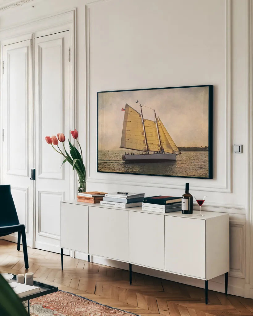Morning Sail by Debra Van Swearingen. shown as a framed stretched canvas in a living room above a console. Available as a archival giclee rolled canvas, fine art paper, or poster print. SKU 47842i.