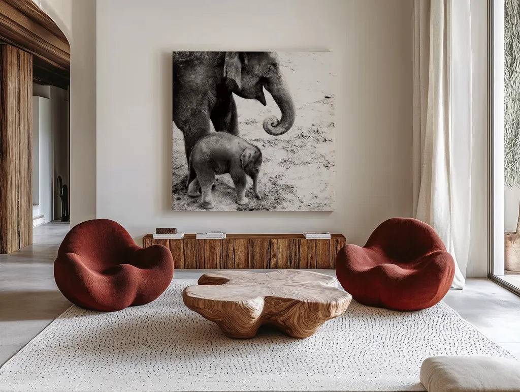 Mother and Daughter by Debra Van Swearingen. Shown as extra-large giant wall art in a modern living room. Available as an archival giclee rolled canvas, fine art paper, or poster print. SKU 52699a.