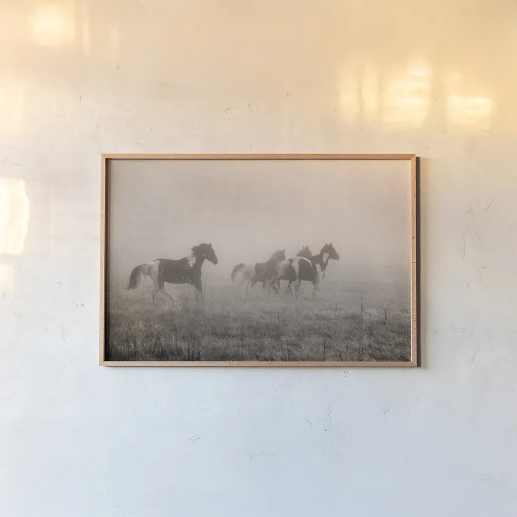 Paint Horses on the Run by Debra Van Swearingen. shown as a paper print in a natural frame. Available as a archival giclee rolled canvas, fine art paper, or poster print. SKU 59412i.