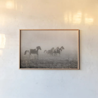 Paint Horses on the Run by Debra Van Swearingen. shown as a paper print in a natural frame. Available as a archival giclee rolled canvas, fine art paper, or poster print. SKU 59412i.