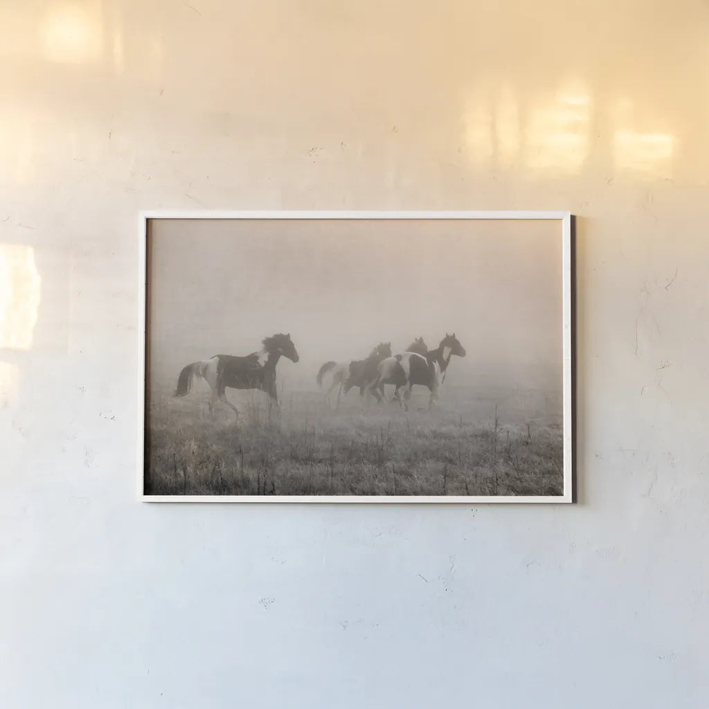 Paint Horses on the Run by Debra Van Swearingen. shown as a paper print in a white frame. Available as a archival giclee rolled canvas, fine art paper, or poster print. SKU 59412i.