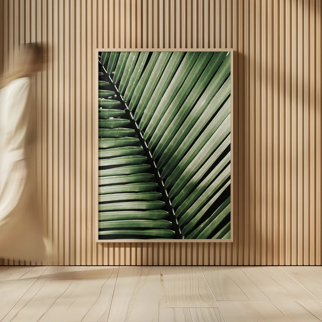 Palm Frond I Green by Debra Van Swearingen. shown as over sized large wall art. Available as an archival giclee rolled canvas, fine art paper, or poster print. SKU 66128h.