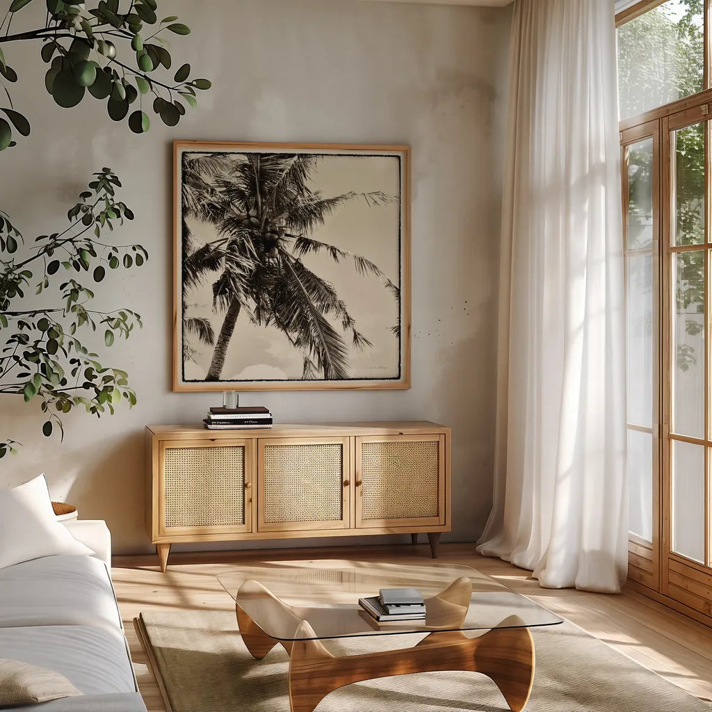 Palm Tree Sepia II by Debra Van Swearingen. Shown in a natural wood frame in a cozy modern living room. Available as an archival giclee rolled canvas, fine art paper, or poster print. SKU 42500a.