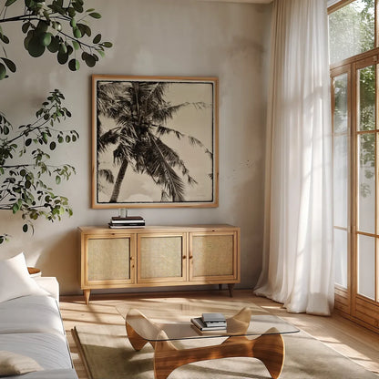 Palm Tree Sepia II by Debra Van Swearingen. Shown in a natural wood frame in a cozy modern living room. Available as an archival giclee rolled canvas, fine art paper, or poster print. SKU 42500a.