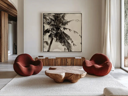 Palm Tree Sepia II by Debra Van Swearingen. Shown as extra-large giant wall art in a modern living room. Available as an archival giclee rolled canvas, fine art paper, or poster print. SKU 42500a.