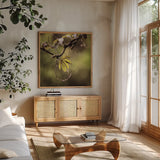 Passion Flower Vine I by Debra Van Swearingen. Shown in a natural wood frame in a cozy modern living room. Available as an archival giclee rolled canvas, fine art paper, or poster print. SKU 63809a.