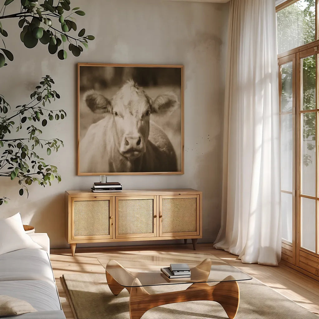 Pasture Cow Sepia Sq by Debra Van Swearingen. Shown in a natural wood frame in a cozy modern living room. Available as an archival giclee rolled canvas, fine art paper, or poster print. SKU 79220a.