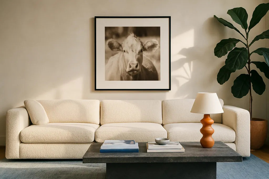 Pasture Cow Sepia Sq by Debra Van Swearingen. Displayed in a glass frame with matte in a clean modern living room. Available as an archival giclee rolled canvas, fine art paper, or poster print. SKU 79220a.