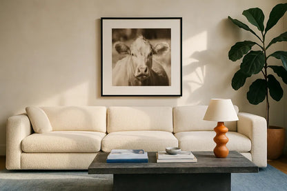 Pasture Cow Sepia Sq by Debra Van Swearingen. Displayed in a glass frame with matte in a clean modern living room. Available as an archival giclee rolled canvas, fine art paper, or poster print. SKU 79220a.