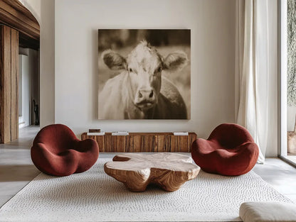 Pasture Cow Sepia Sq by Debra Van Swearingen. Shown as extra-large giant wall art in a modern living room. Available as an archival giclee rolled canvas, fine art paper, or poster print. SKU 79220a.