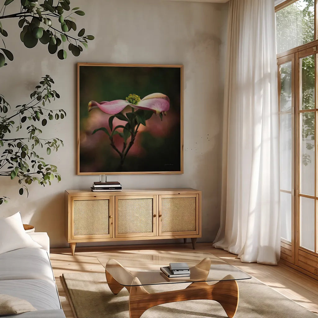Pink Dogwood I by Debra Van Swearingen. Shown in a natural wood frame in a cozy modern living room. Available as an archival giclee rolled canvas, fine art paper, or poster print. SKU 63779a.