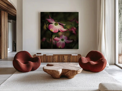Pink Dogwood II by Debra Van Swearingen. Shown as extra-large giant wall art in a modern living room. Available as an archival giclee rolled canvas, fine art paper, or poster print. SKU 63780a.